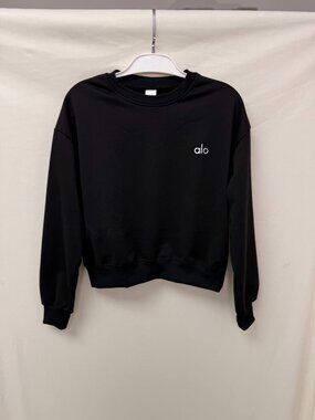 Alo Yoga Black Casual Sporty Cropped Crew Neck Sweatshirt, Size L.